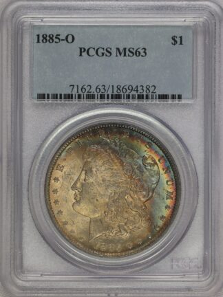1885 O Morgan Dollar PCGS MS63 Rainbow Toning