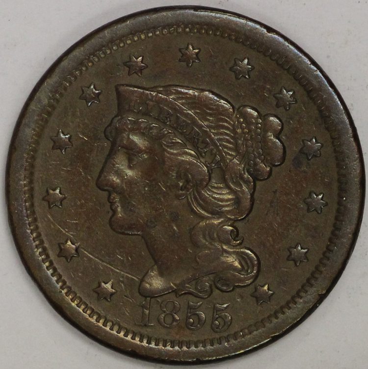 1855 Braided Hair Large Cent Old Scratch Upright 55