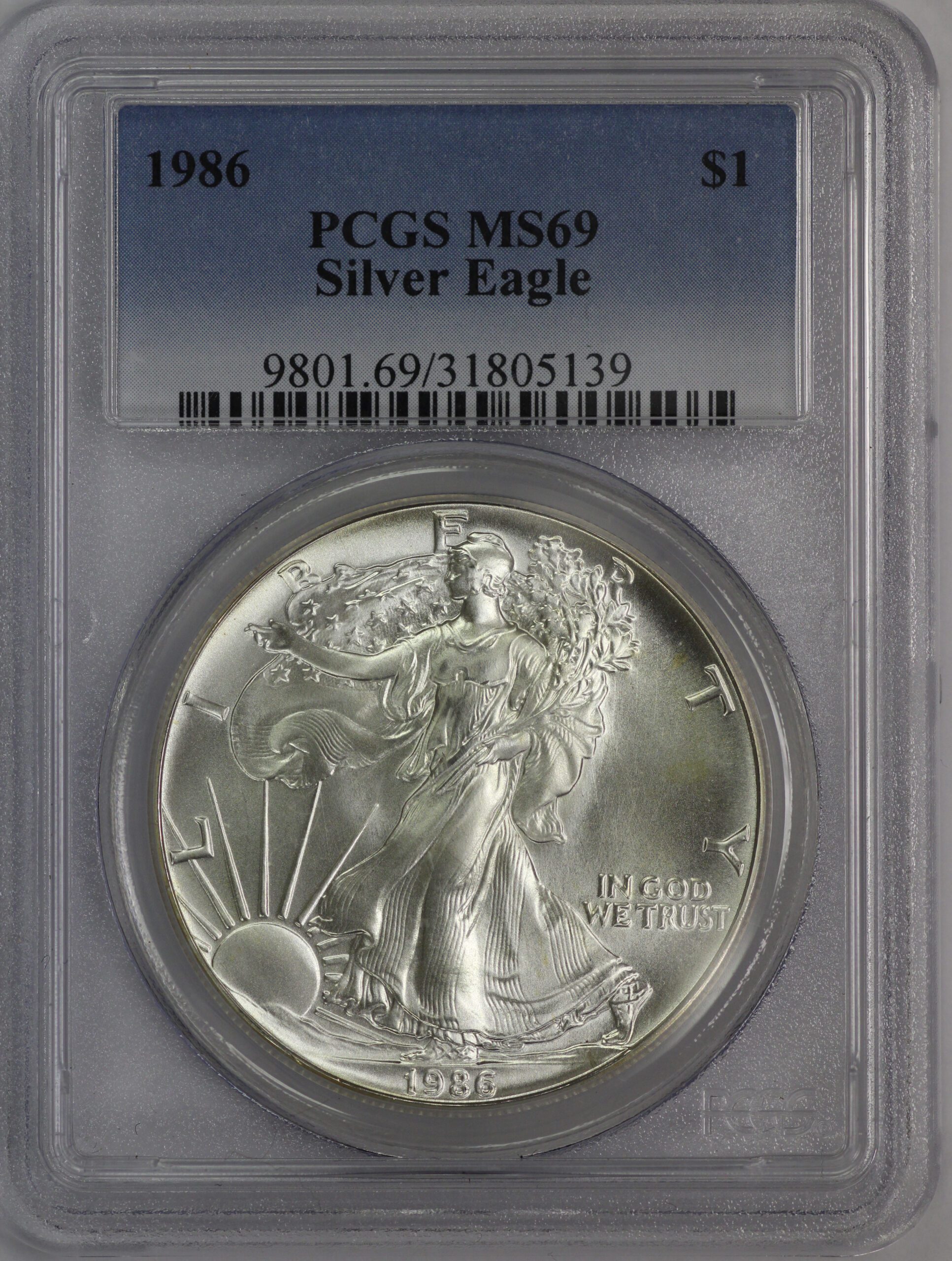 1986 Silver Eagle PCGS MS69 Cert. 31805139