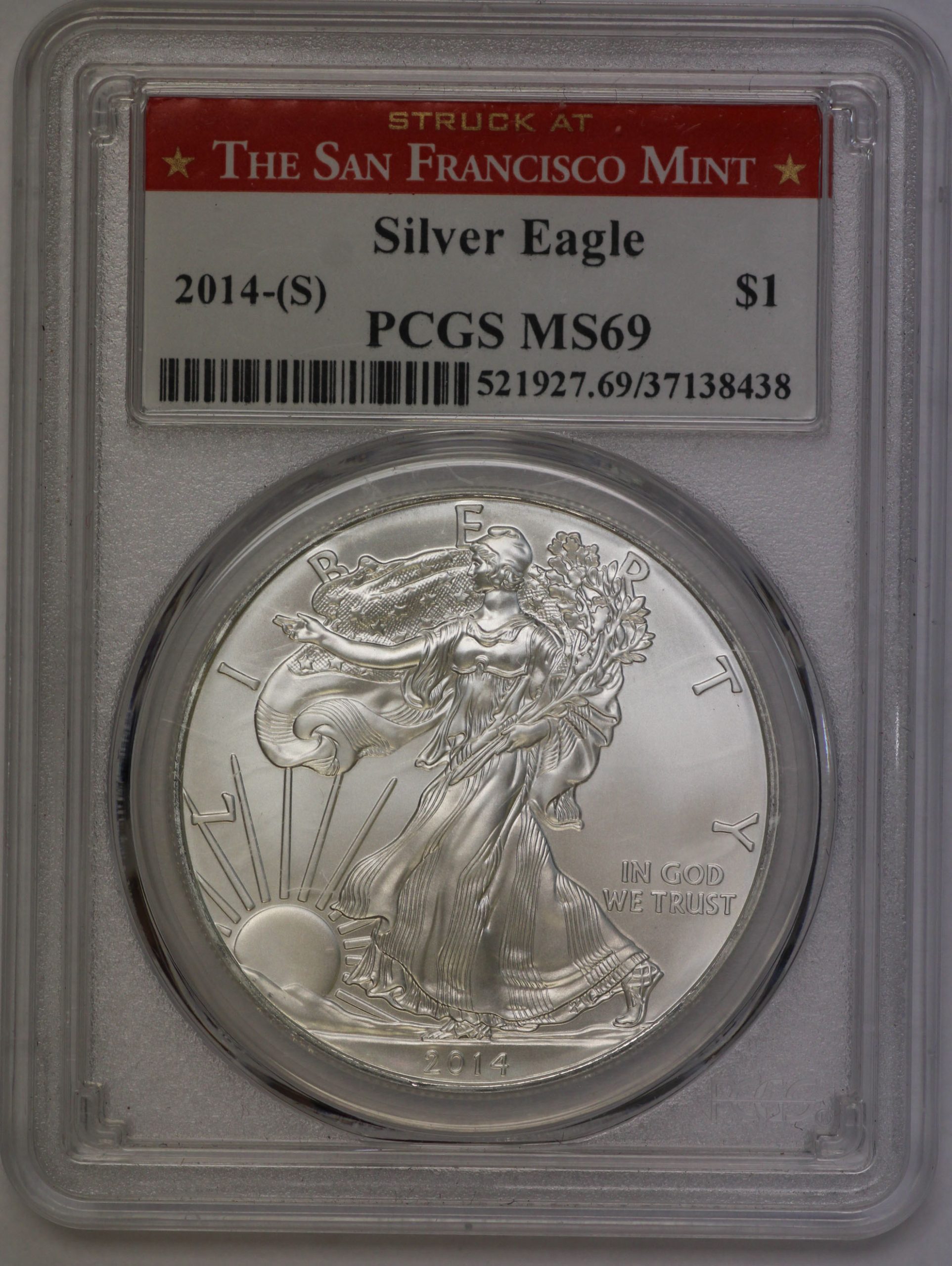 (1) 2014 (S) Silver Eagle PCGS MS69 - Red Struck at San Francisco Mint Holder
