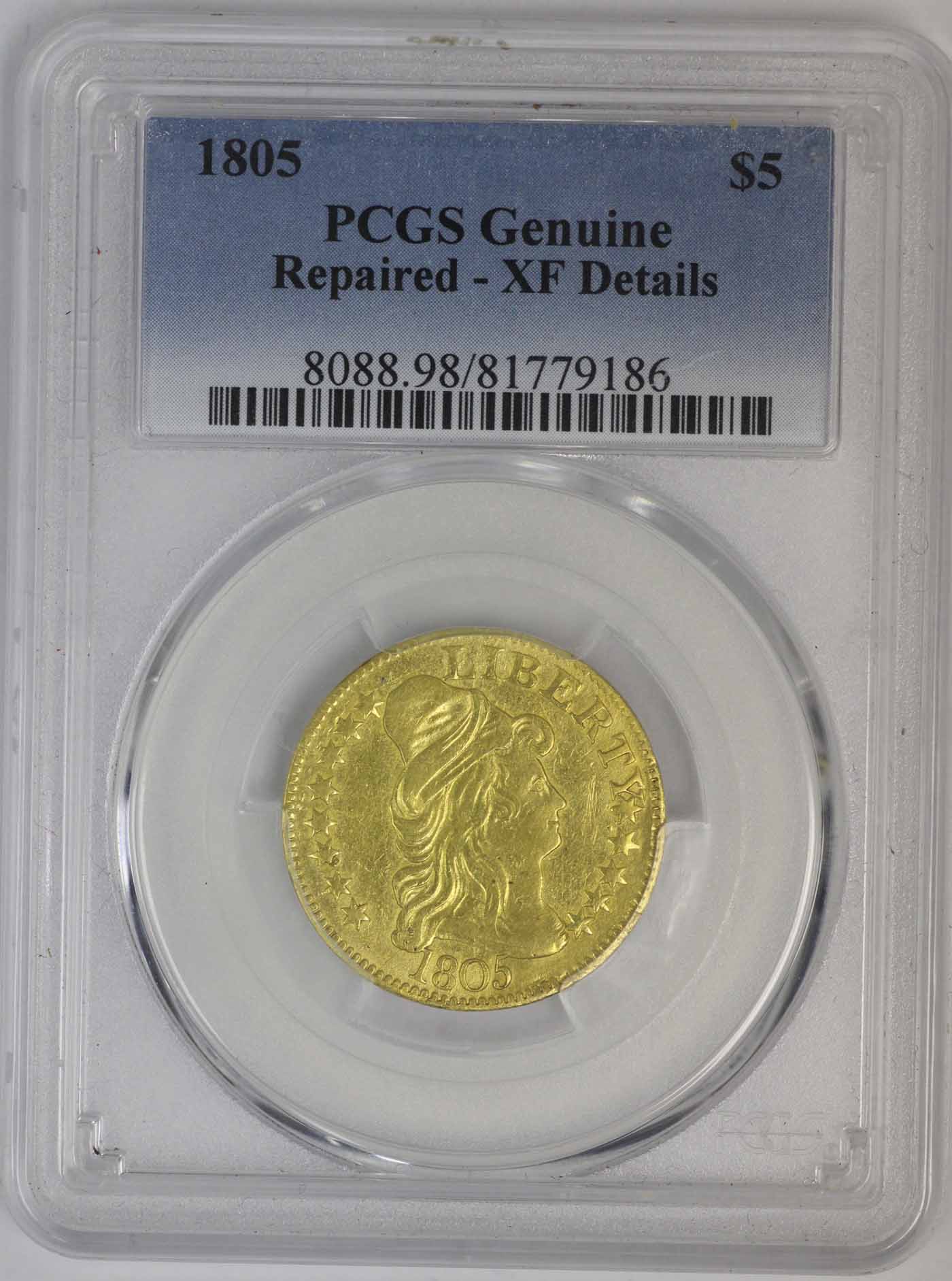 1805 $5 Gold Capped Head EF Details Repaired