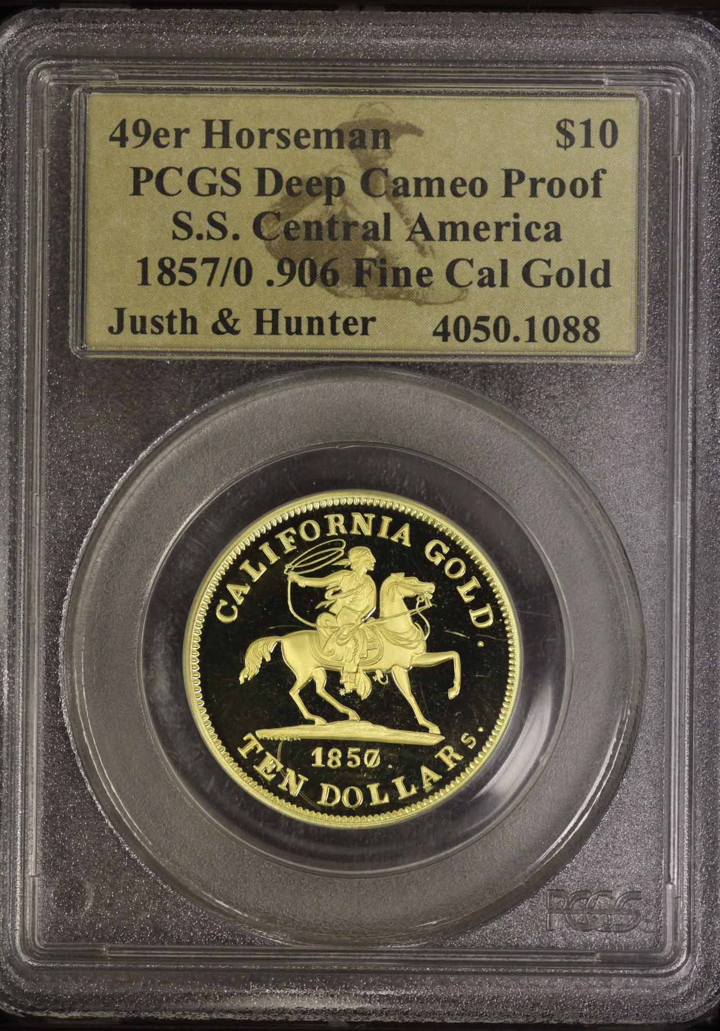 1857/0 $10 49er Horseman .887 Fine Cal Gold PCGS W/ box COA