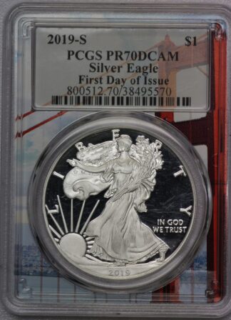 2019 S Proof Silver Eagle PCGS PR70 DCAM FDOI Golden Gate Bridge Holder