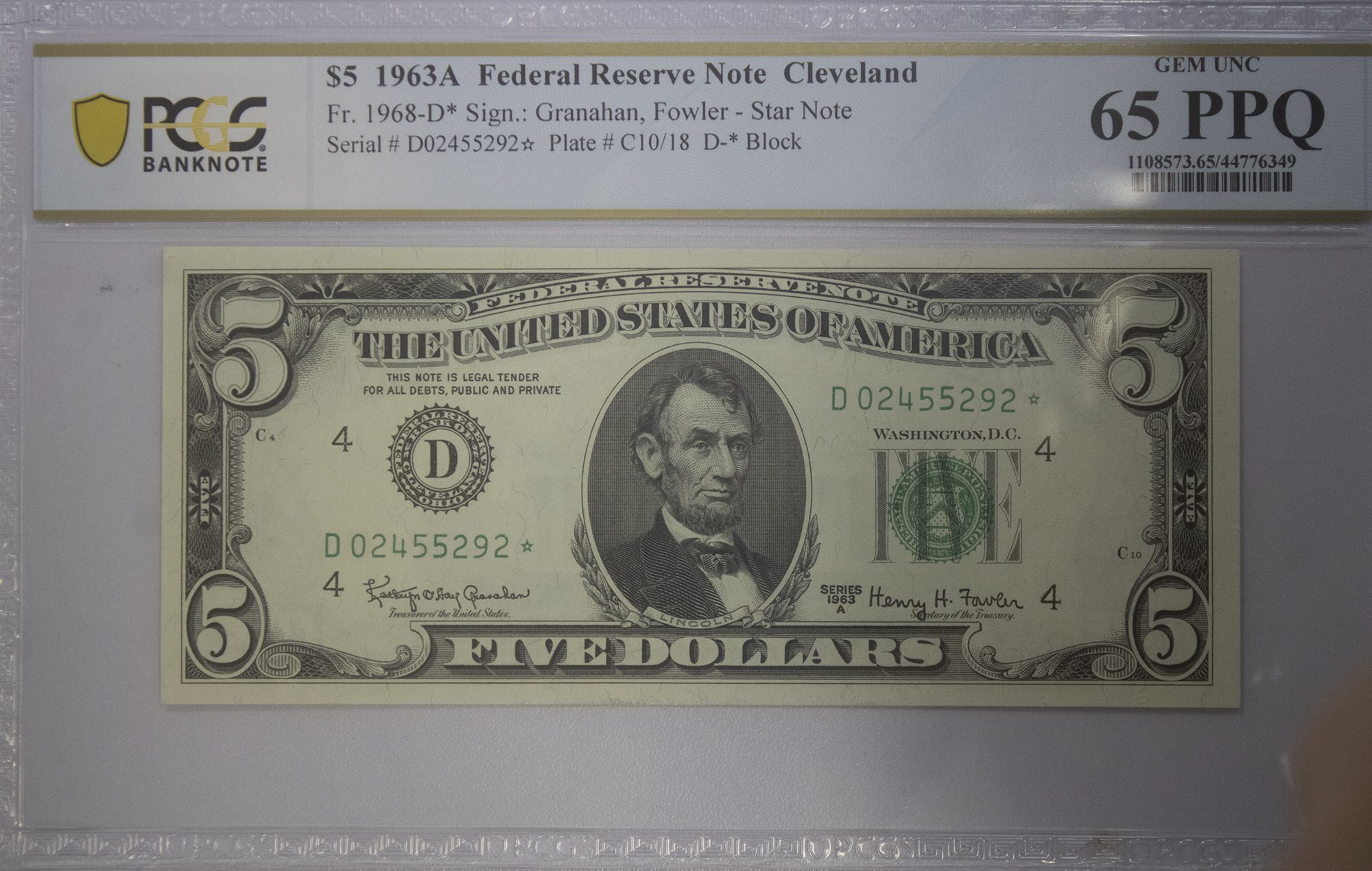 Auction! 1963A $5 Federal Reserve Note Cleveland Star Note 65 PPQ FR-1968 D