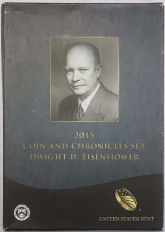 2015 Eisenhower Coin & Chronicles Set - Eisenhower Presidential Silver Medal, Reverse Proof Dollar, and Stamp (light toning)