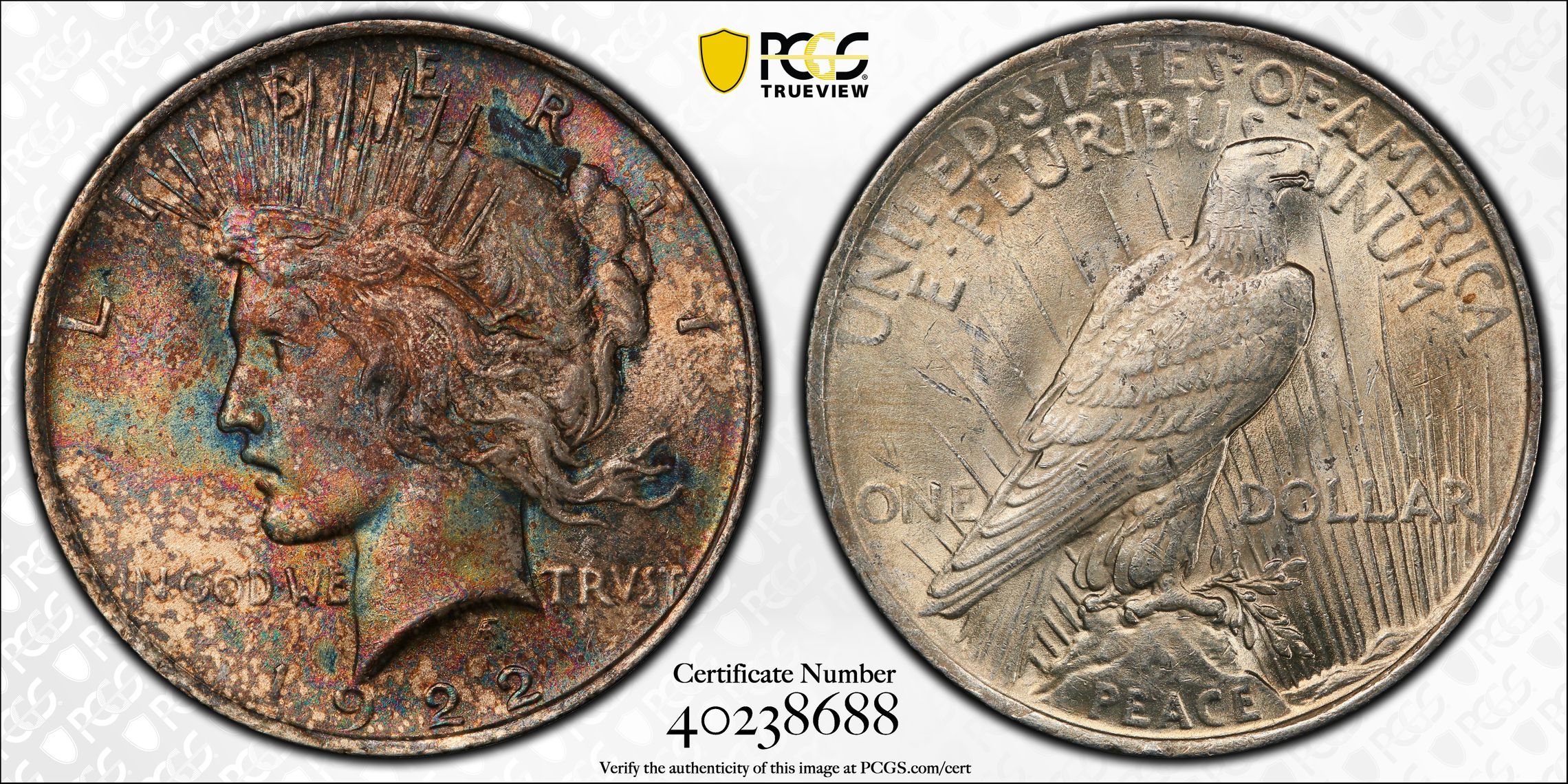 Auction - 1922 Peace Dollar PCGS MS62 - Wild Obverse Toning - Image 3