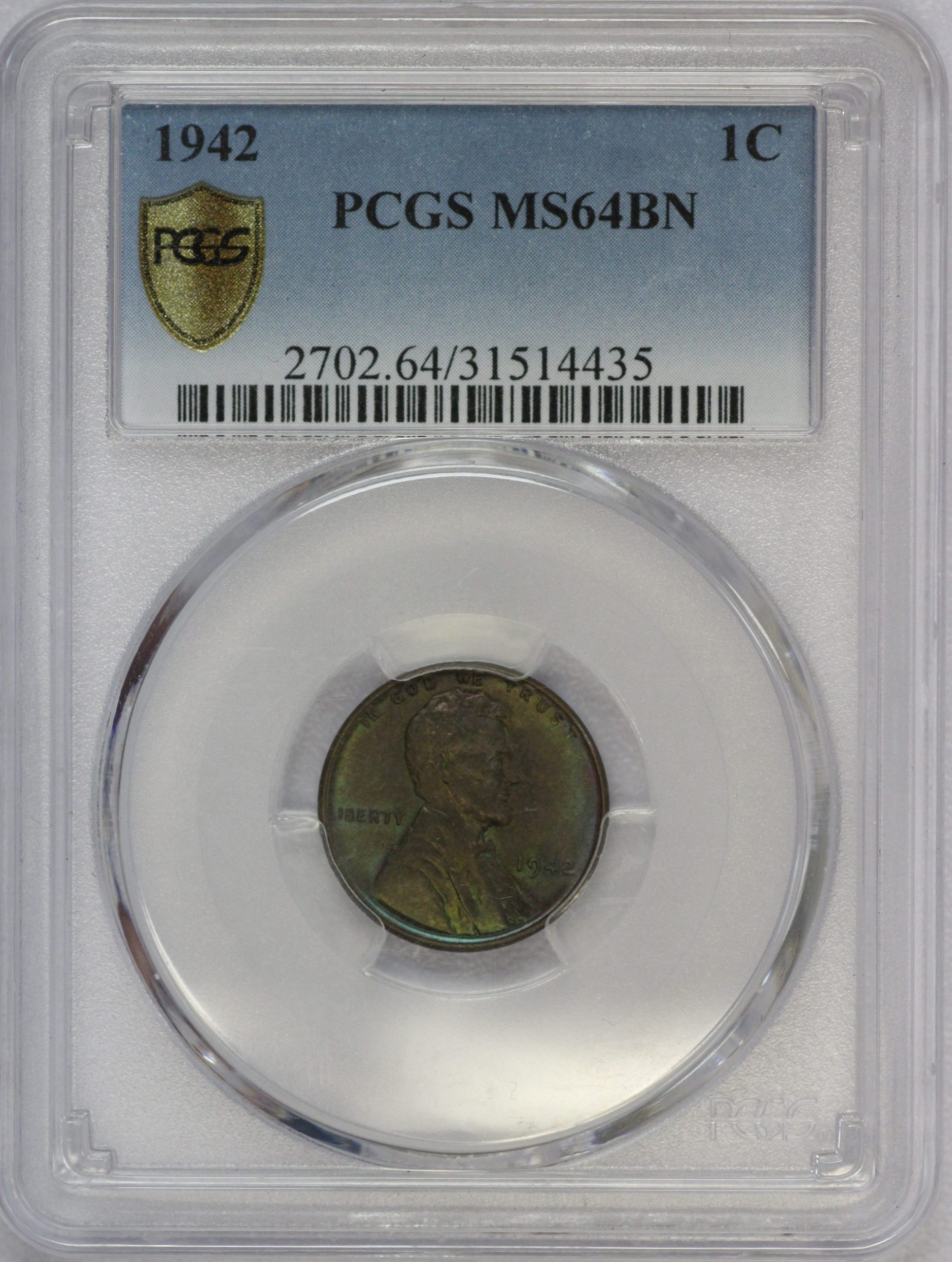 Auction 1942 Lincoln Wheat Cent MS64 BN Toned PCGS