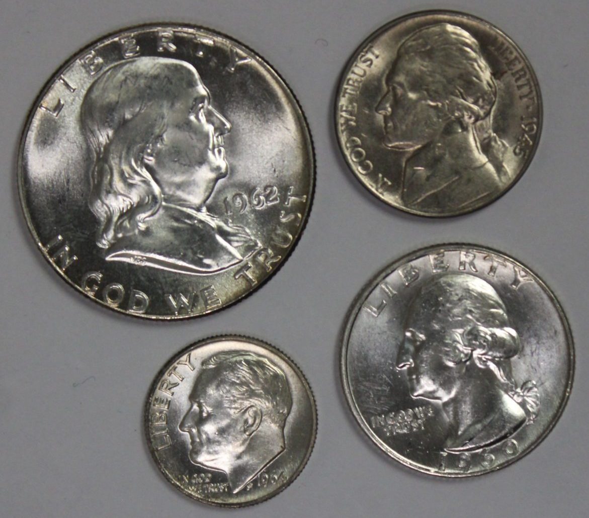 Uncirculated Silver Franklin Half, Washington Quarter, Roosevelt Dime & War Nickel