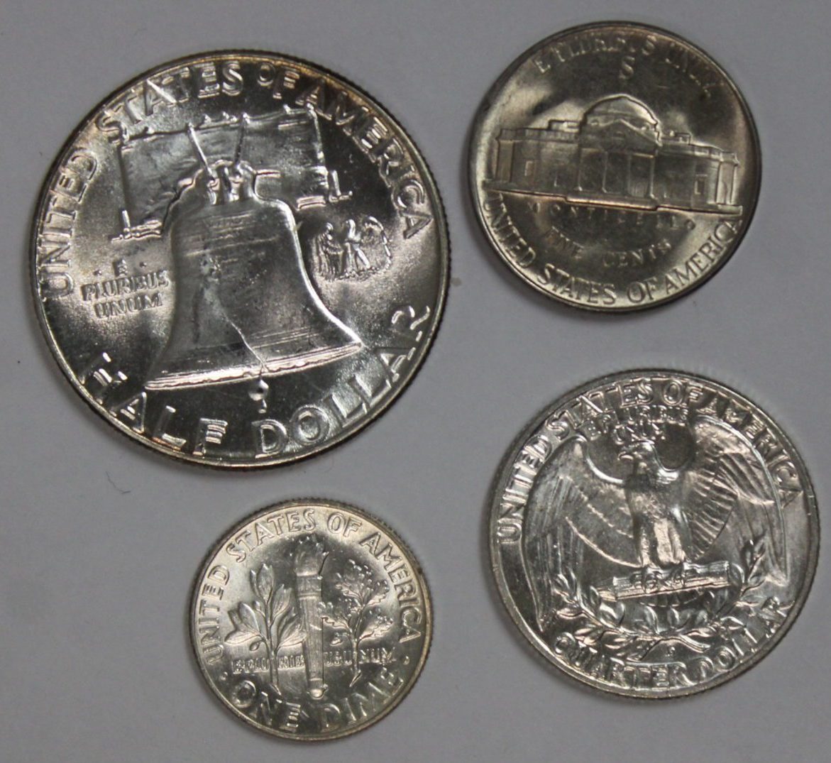 Uncirculated Silver Franklin Half, Washington Quarter, Roosevelt Dime & War Nickel - Image 2