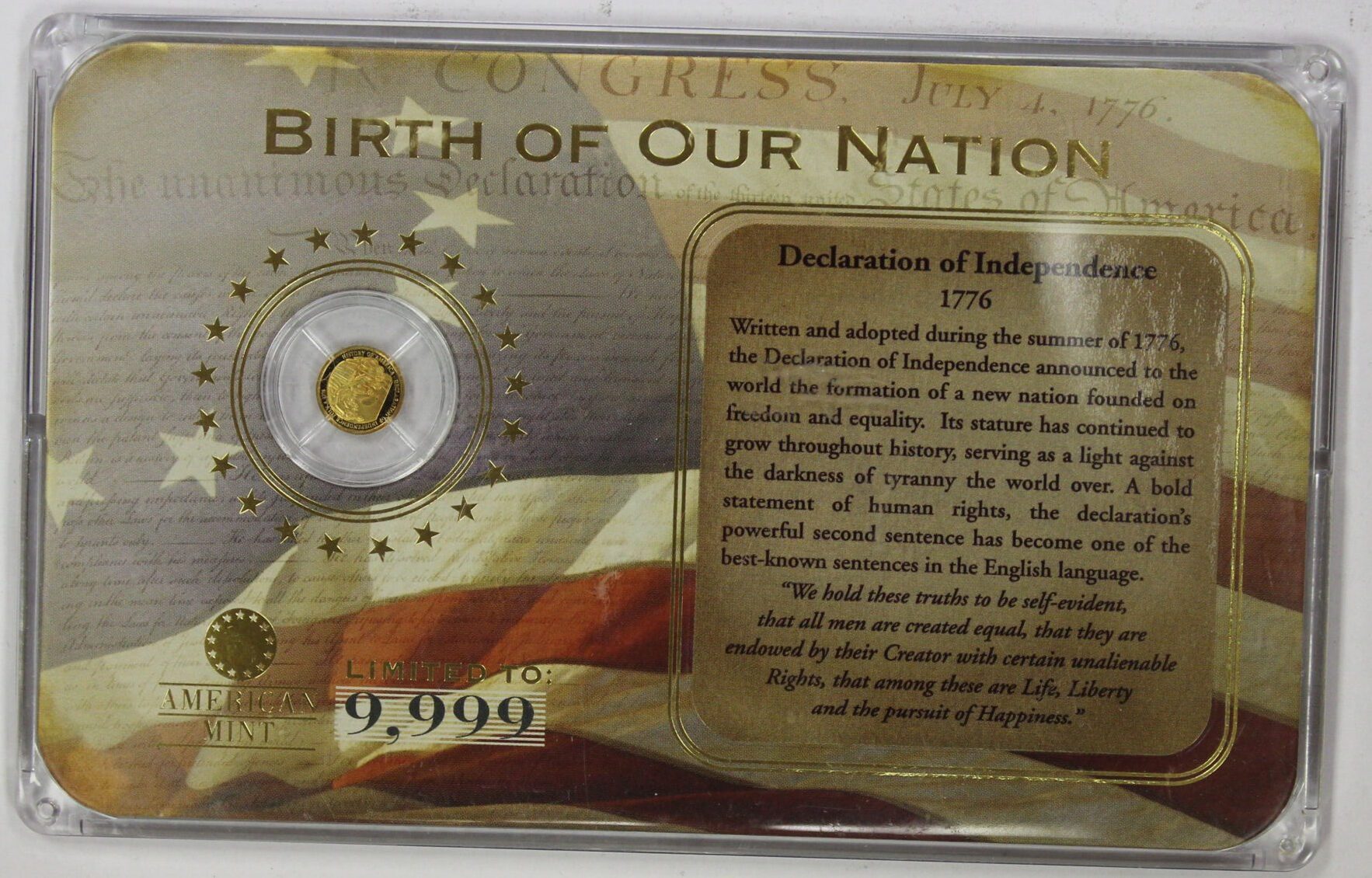 AUCTION- American Mint .585 Gold Token Birth of our Nation Declaration of Independence #03679/9999