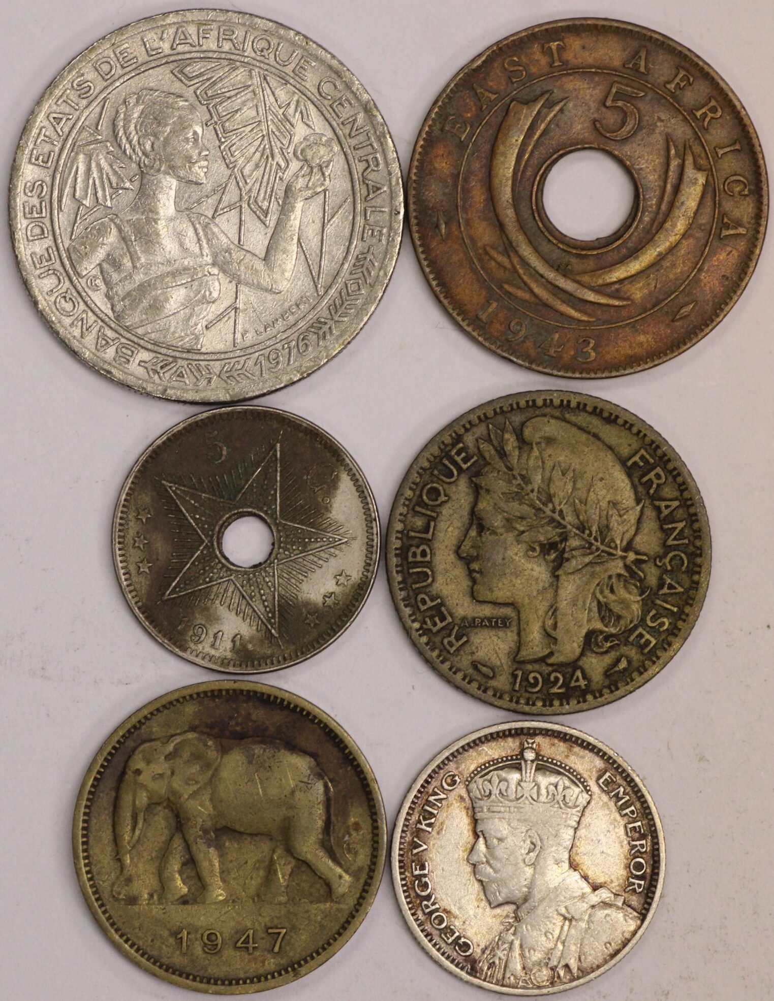 Six Obsolete African Coins Belgian Congo, Southern Rhodesia, Togo, British East Africa & Central African States (one is silver)