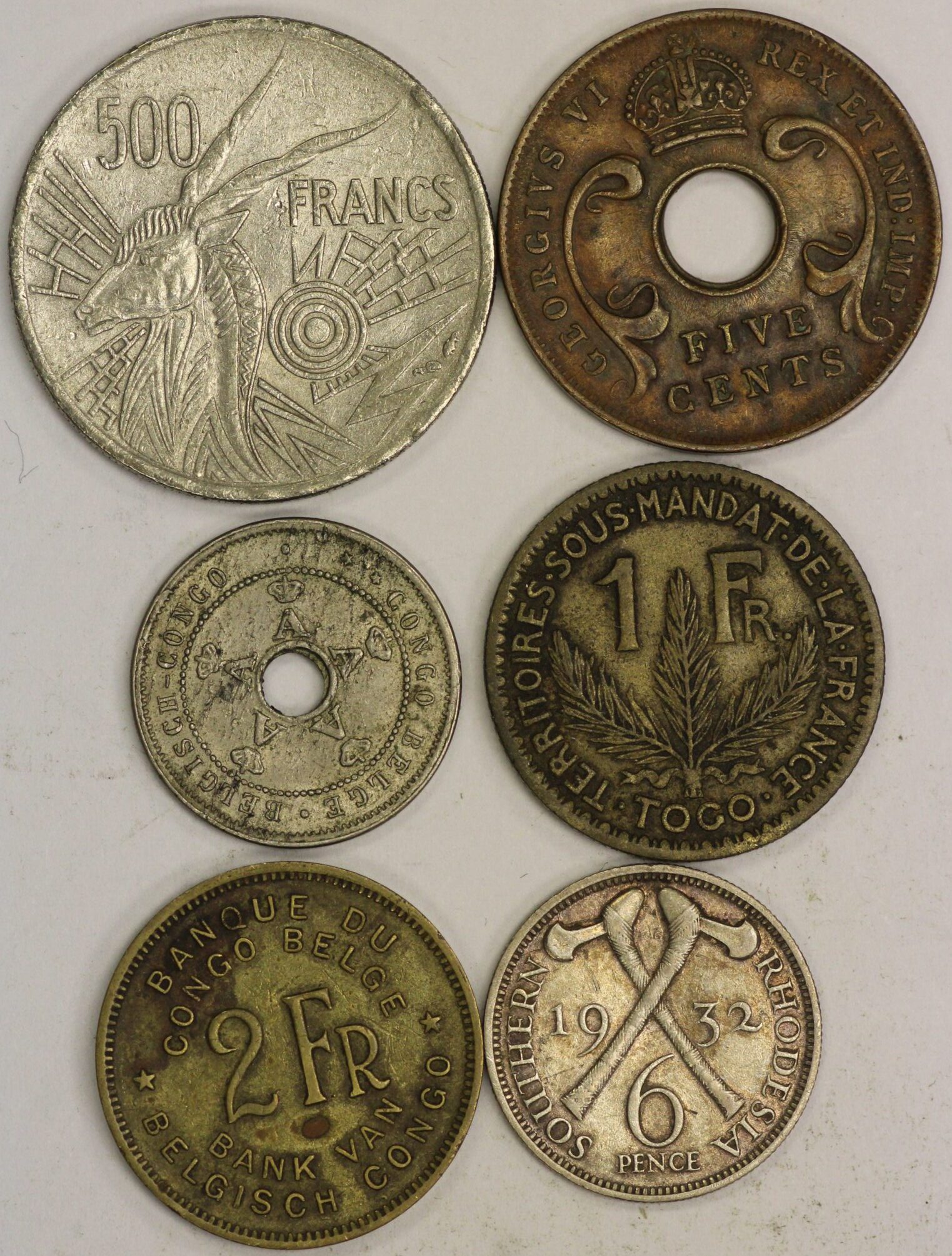 Six Obsolete African Coins Belgian Congo, Southern Rhodesia, Togo, British East Africa & Central African States (one is silver) - Image 2