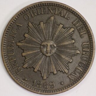 AUCTION- 1869-H Uruguay 4 Centesimos Large Copper Coin Odd Denomination