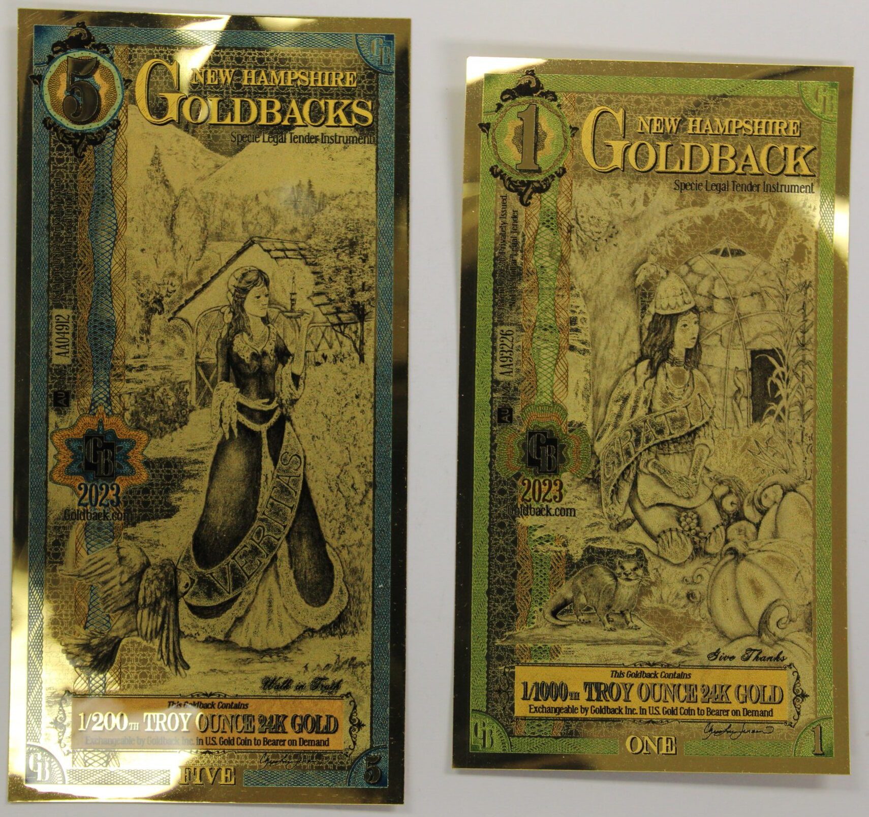New Hampshire One Goldback 1/1000th Ounce 24K Gold & Five
