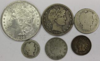 AUCTION- 1900 Year Set: Morgan Dollar, Barber Half, Quarter & Dime, Liberty Nickel & Indian Head Cent