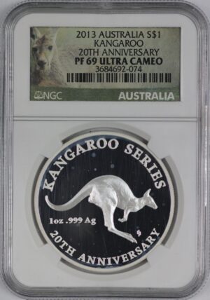 Auction - 2013 Australia $1 Silver Kangaroo One Ounce .999 NGC PF69 UC - 20th Anniversary/Milk Spots