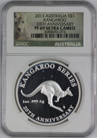 Auction - 2013 Australia $1 Silver Kangaroo One Ounce .999 NGC PF69 UC - 20th Anniversary/Milk Spots