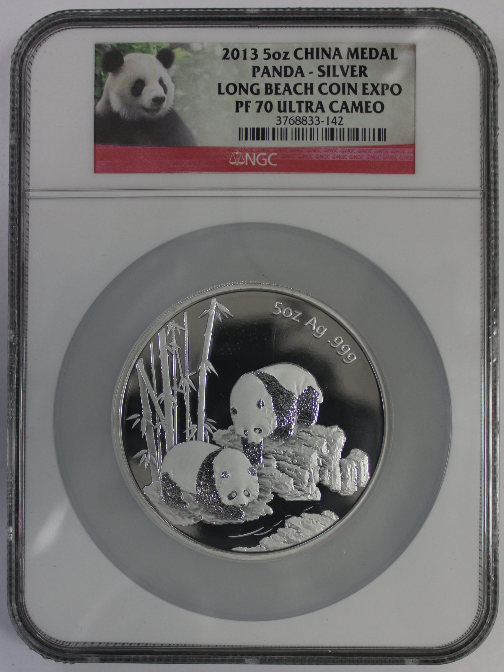 2013 China Silver Panda Medal 5 OZ .999 Fine Silver NGC PF70 UC - Long Beach Coin Expo - Large Oversize Holder