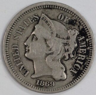 AUCTION- 1869 Three Cent Nickel Stained