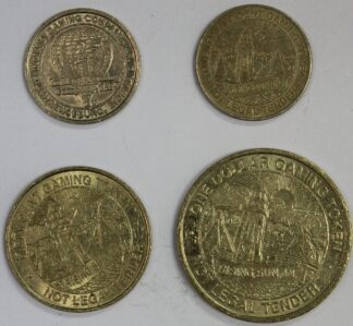AUCTION- Four Gaming Tokens From Rising Sun & Lawrenceburg Indiana 1 Dollar, 50 Cents, (2) 25 Cents