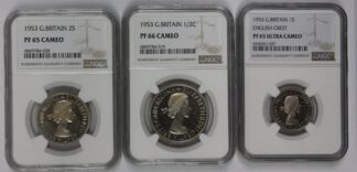 AUCTION- 1953 Great Britain Shilling English Crest NGC PF 65 Ultra Cameo, Florin NGC PF 66 Cameo & Half Crown NGC PF 66 Cameo