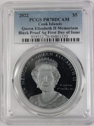 Auction - 2022 Cook Island Five Dollar Queen Elizabeth II Memoriam Black Proof Silver 1st Day of Issue PCGS PR70 DCAM
