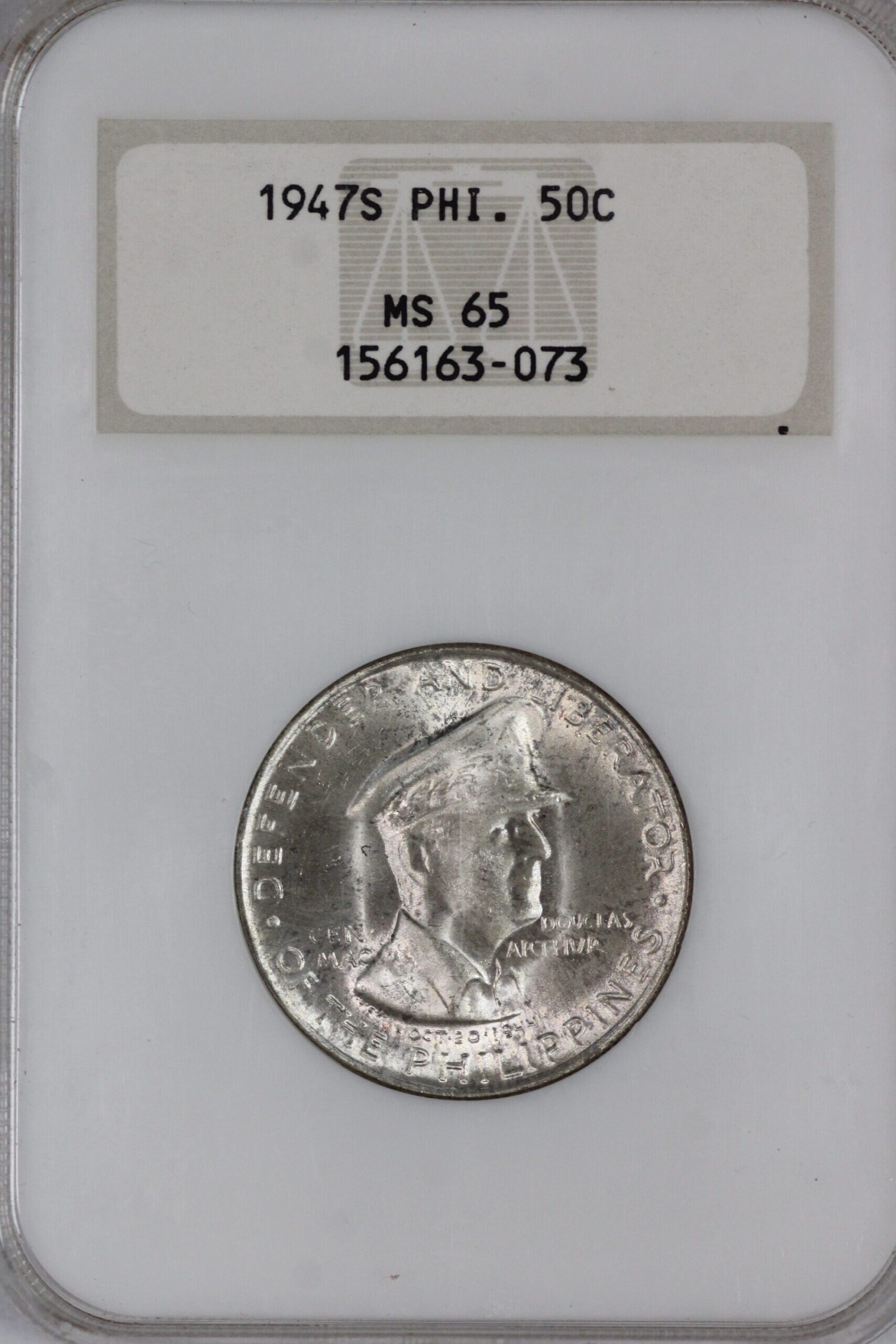 AUCTION- 1947-S Philippines 50 Centavos Gen. Douglas MacArthur Commemorative NGC MS 65