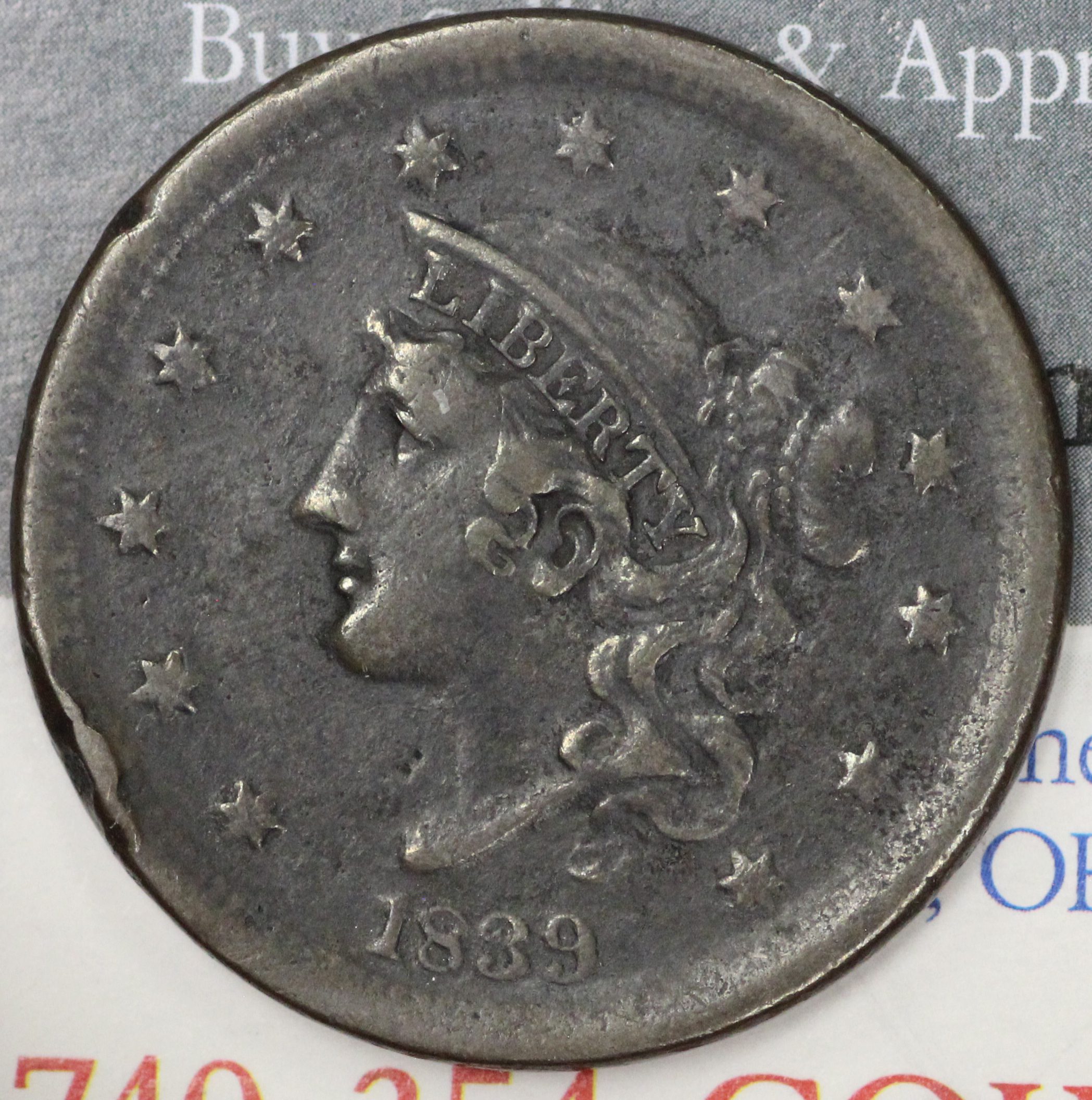 Auction - 1839 Matron "Silly" Head Large Cent Old Cleaning Damaged