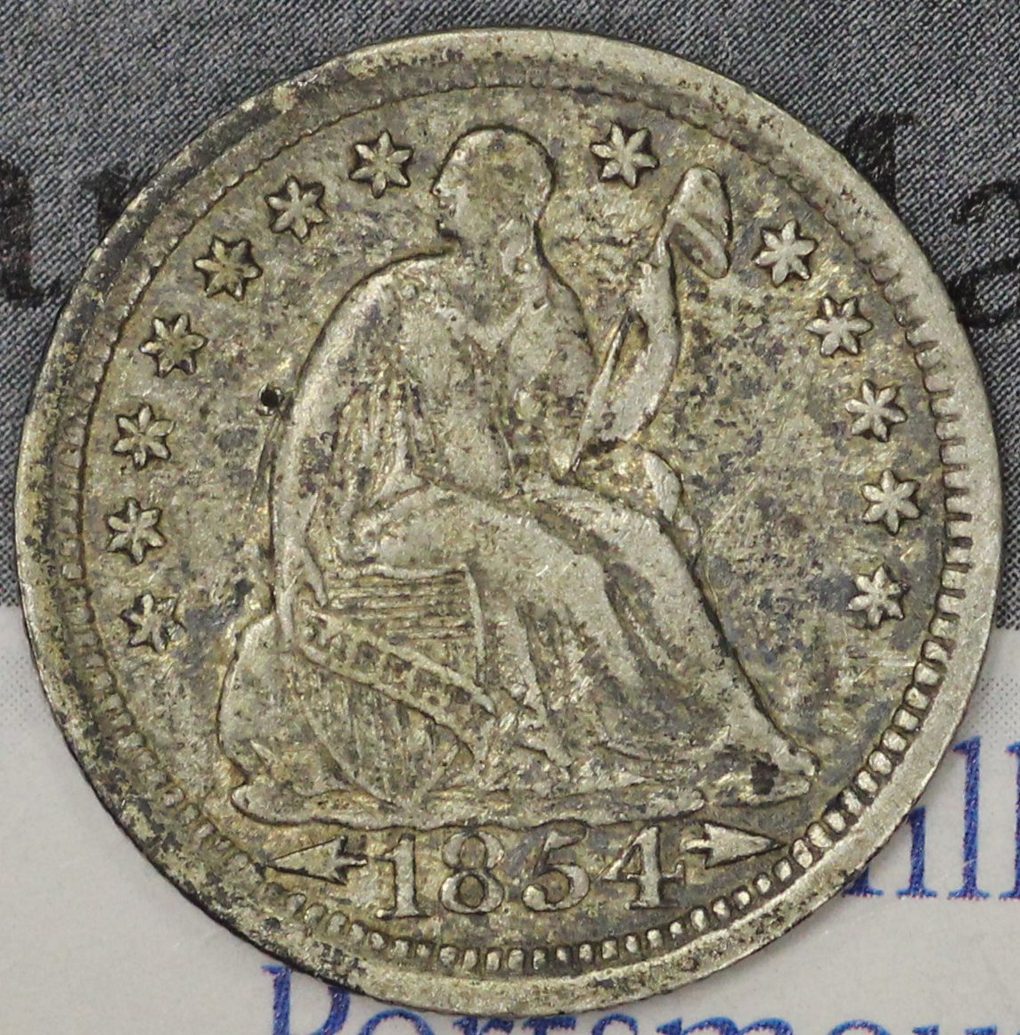 Auction - 1854 Liberty Seated Half Dime Splotchy Toned VF