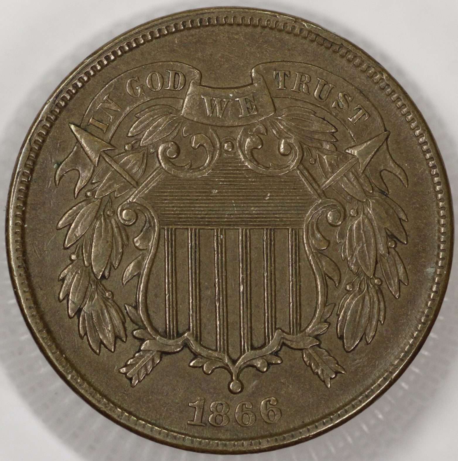 Auction - 1866 Two 2 Cent Shield AU Old Cleaning Retoned