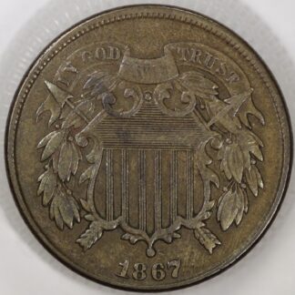 Auction - 1867 Two 2 Cent Shield EF Old Cleaning Retoned