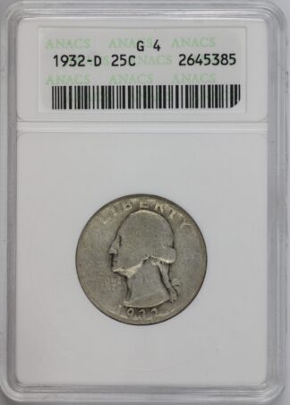 Auction - 1932 D Washington Quarter Key Date G4 ANACS