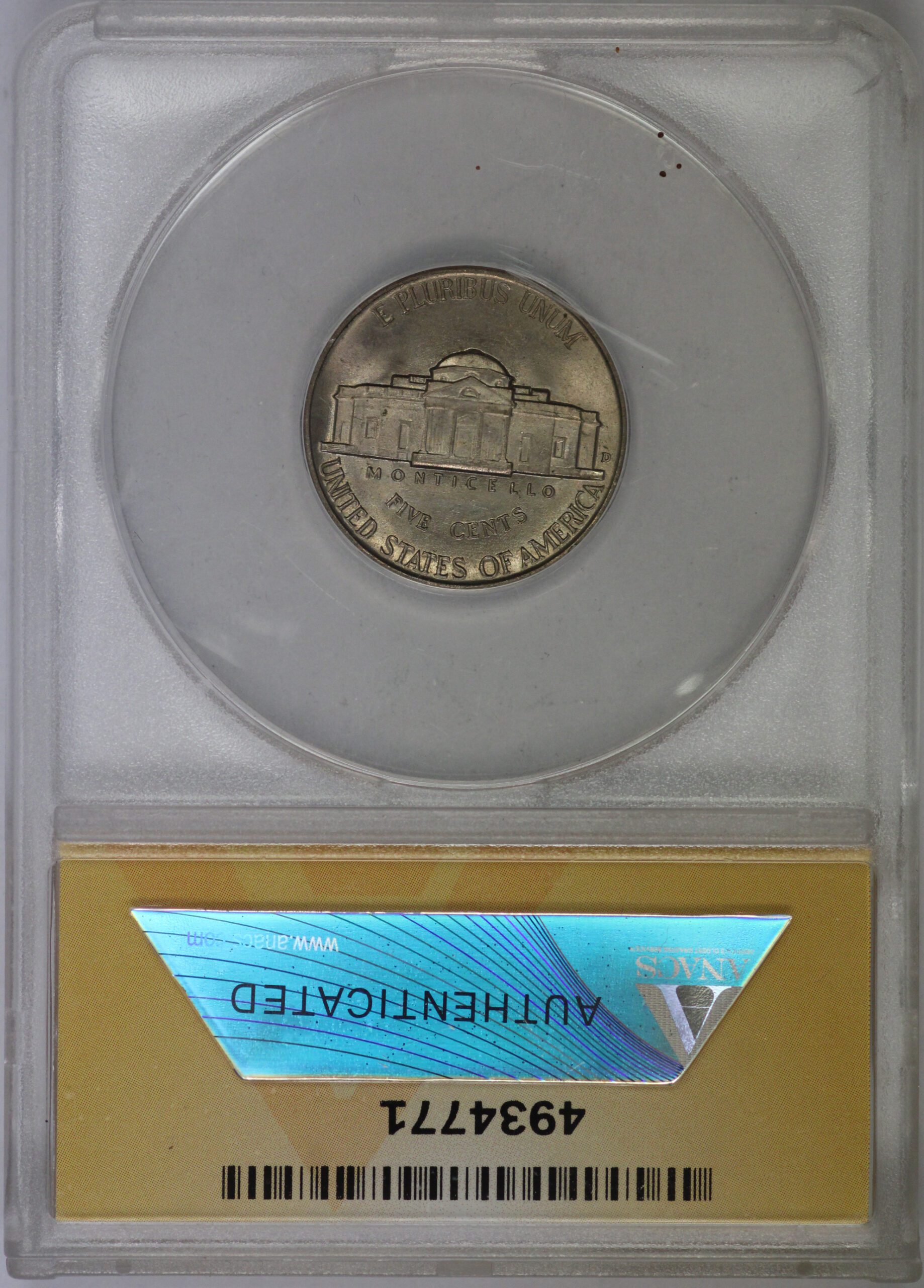 Auction - 1939 D Reverse Of 38' Jefferson Nickel MS62 ANACS - Image 3