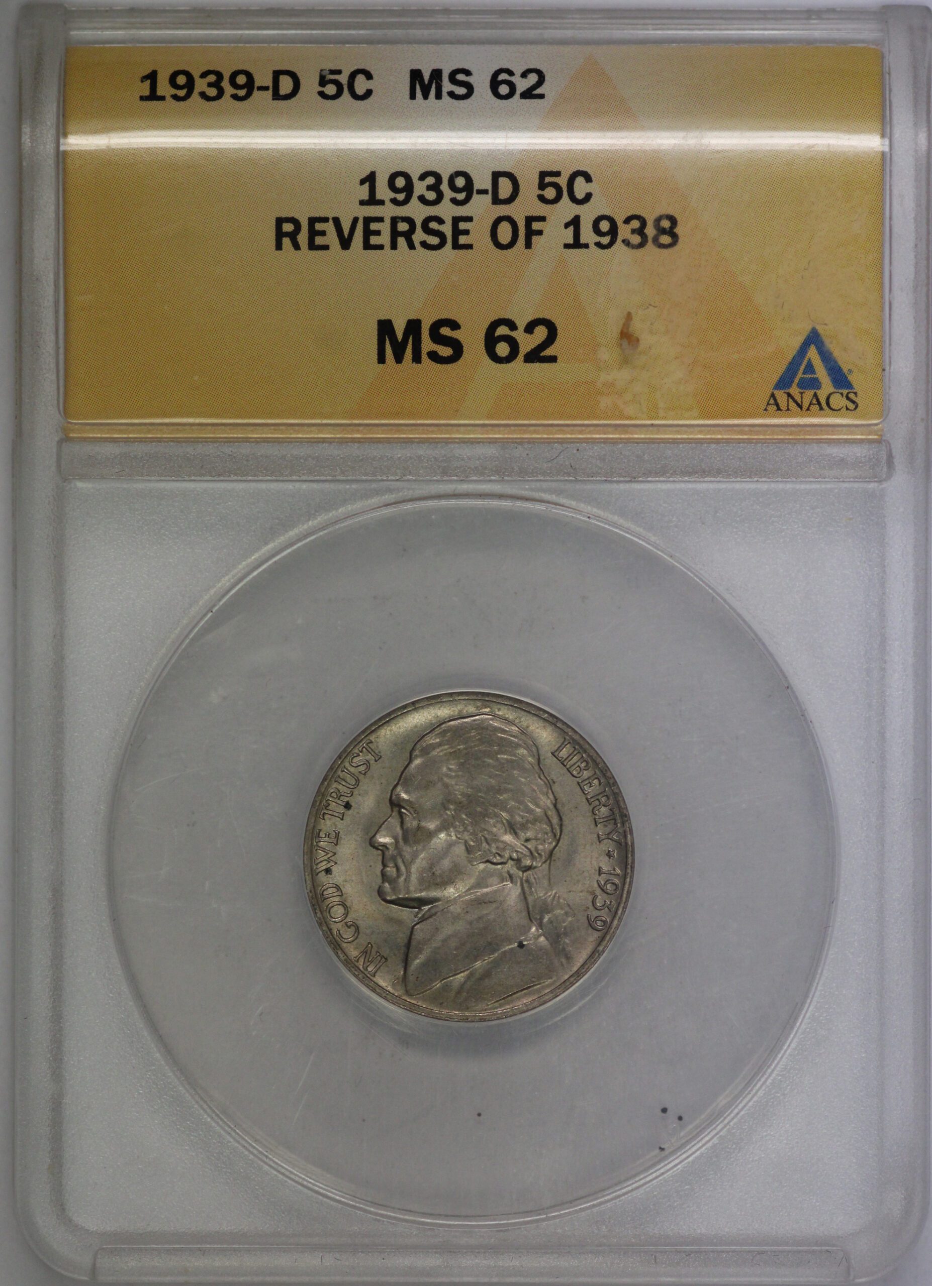 Auction - 1939 D Reverse Of 38' Jefferson Nickel MS62 ANACS
