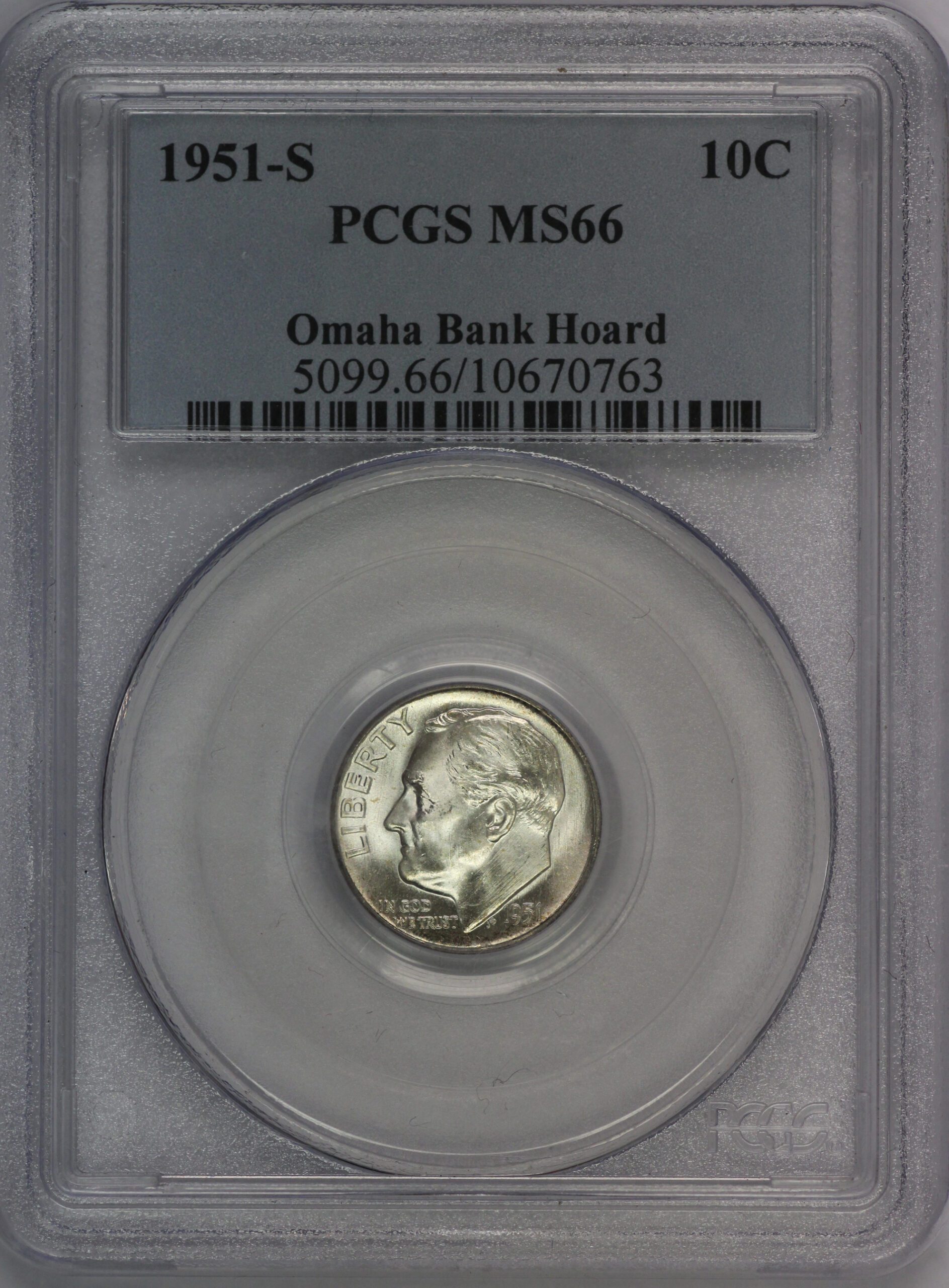 Auction - 1951 S Roosevelt Dime Omaha Bank Hoard MS66 PCGS