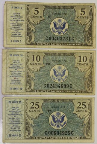 AUCTION- Three Series 472 Military Payment Certificates 5, 10 & 25 Cents Circulated
