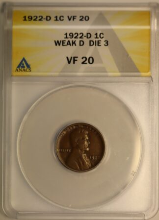 Auction - 1922 Weak D Die 3 Lincoln Wheat Cent VF20 ANACS