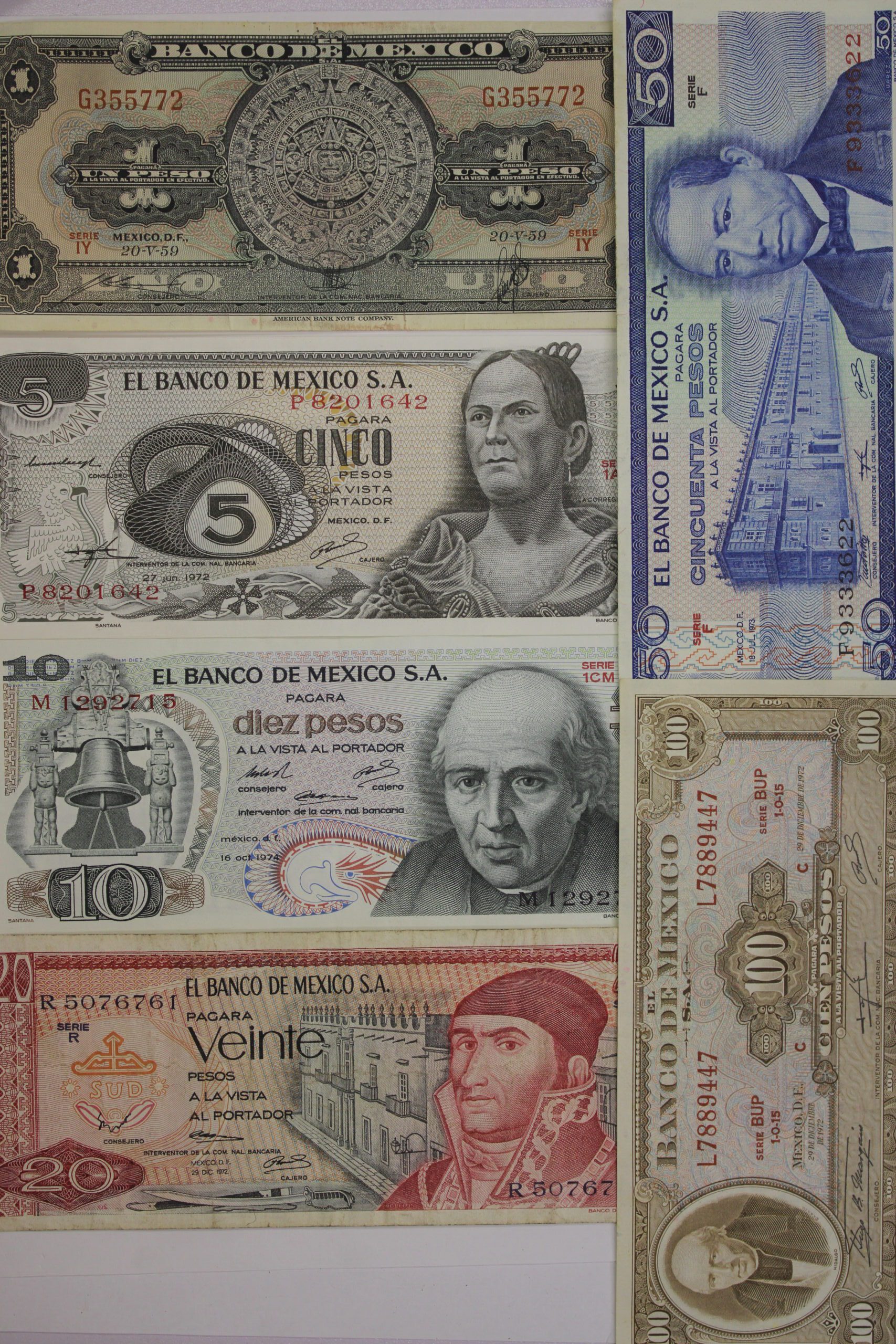 AUCTION- Six Different Mexico Bank Notes 1 Peso, 5 Pesos, 10 Pesos, 20 Pesos, 50 Pesos & 100 Pesos UNC to VF