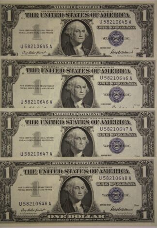 AUCTION- Four Series 1957 One Dollar Silver Certificates Consecutive Serial Numbers UNCIRCULATED