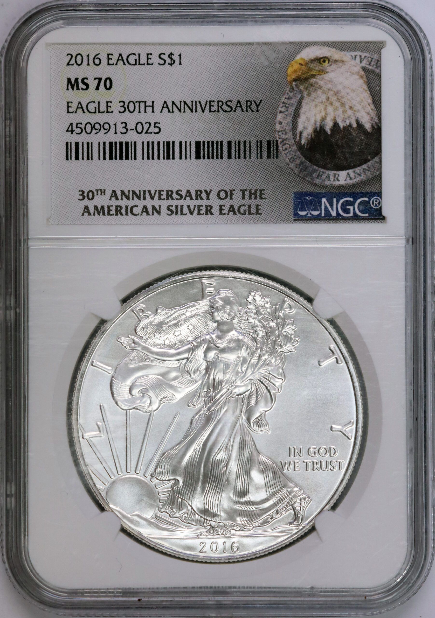 2016 Silver Eagle MS70 NGC 30th Anniversary Bald Eagle Label