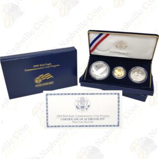 2008 Three Coin Bald Eagle Proof Commemorative Set $1 Silver - $5 Gold - Half Dollar Clad