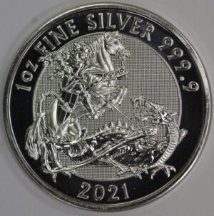 Auction - 2021 Great Britain St George Slaying The Dragon - One OZ .9999 Fine Silver - Milk Spots