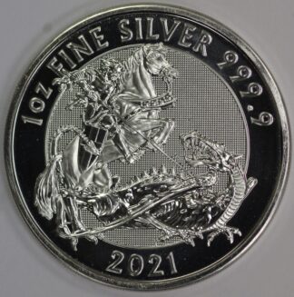 Auction - 2021 Great Britain St George Slaying The Dragon - One OZ .9999 Fine Silver - Milk Spots