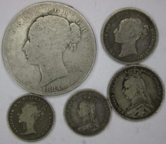 AUCTION-  Great Britain Victoria Types Half Crown 1884, Six Pence 1872 & 1893, Four Pence 1842 and Three Pence 1892