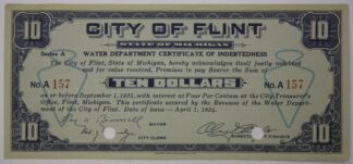 AUCTION- September 1935 $10 Ten Dollars City of Flint Water Department Certificate of Indebtedness