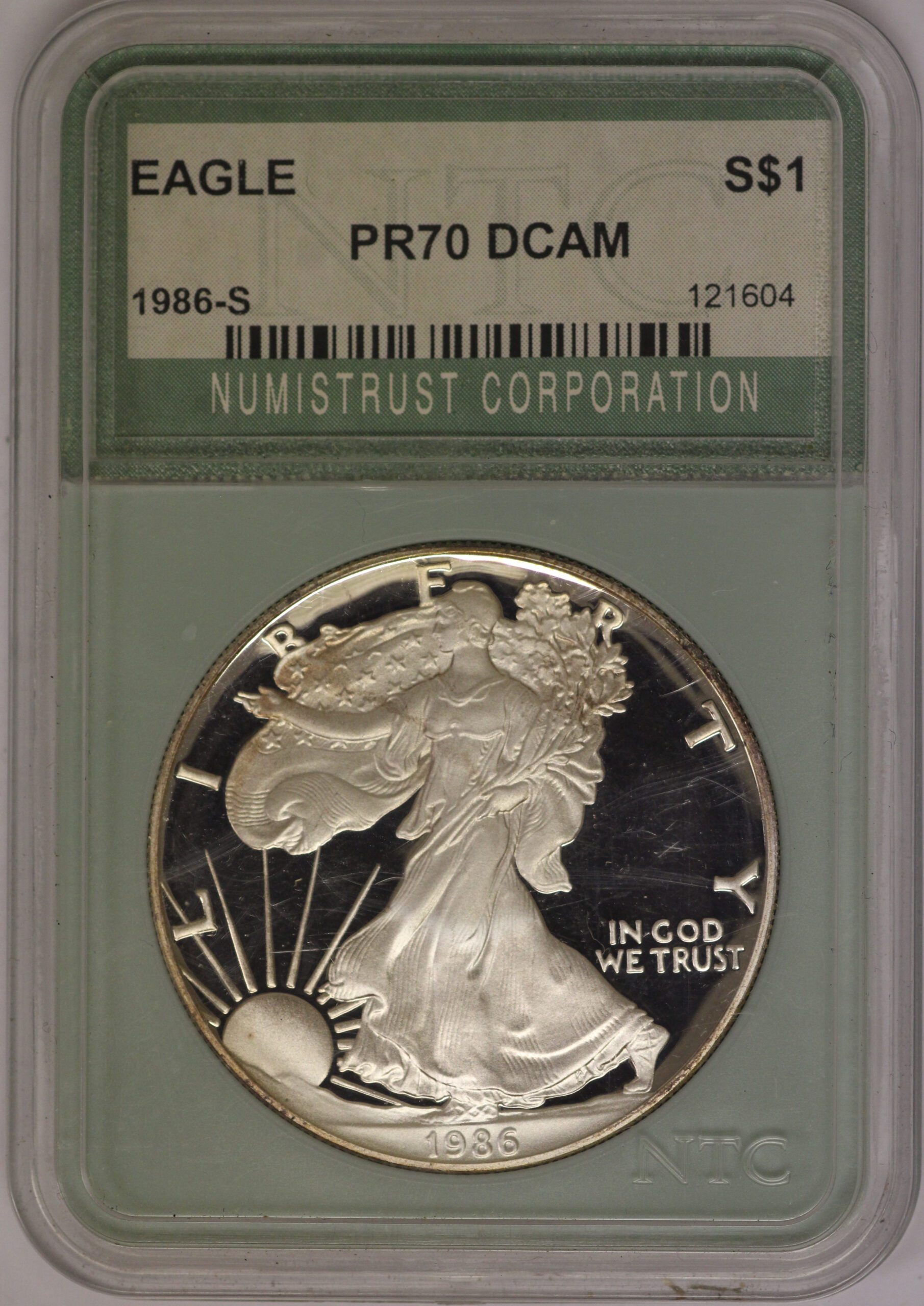 Auction - 1986 S American Silver Eagle NTC PR70 DCAM - Toning