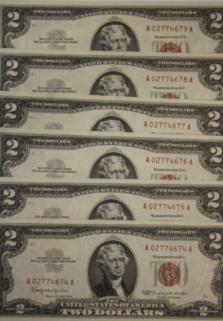 AUCTION- 1963 Two Dollar Red Seal Notes Six Consecutively Serial Numbered AU-UNC