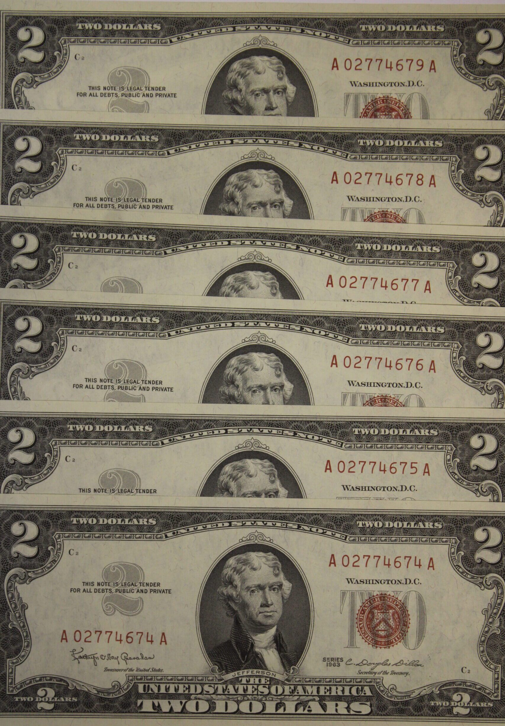 AUCTION- 1963 Two Dollar Red Seal Notes Six Consecutively Serial Numbered AU-UNC