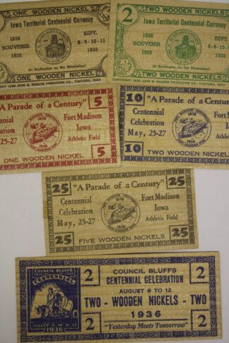 AUCTION-  Six Different Wooden Nickel Flats Iowa Centennial 1938 & Council Bluffs Centennial 1936