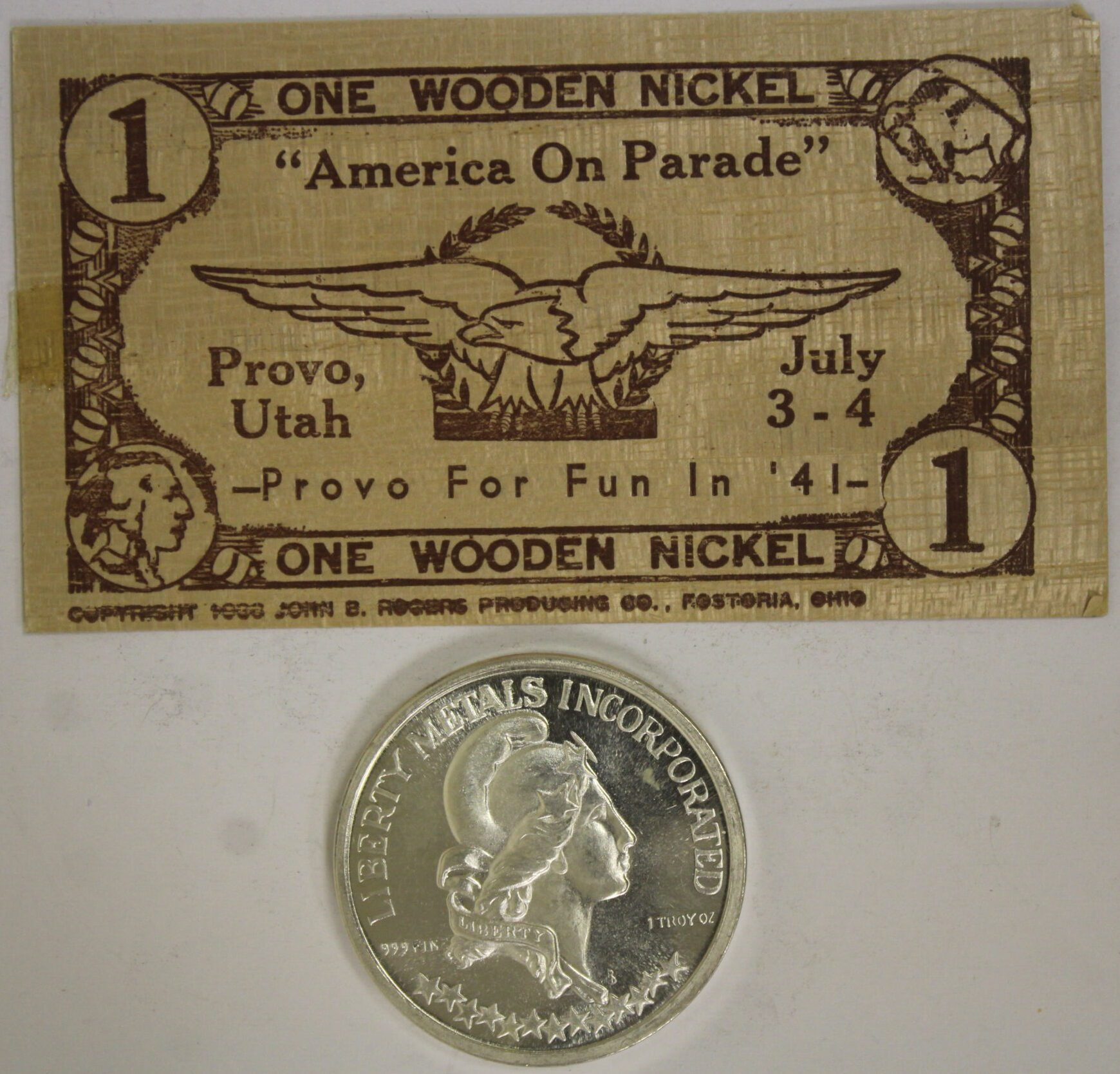 AUCTION- 1974 Liberty Metals Inc Provo Utah One Ounce .999 Silver Round &  1941 Wooden Nickel From Provo Utah – Portsmouth Coin & Currency Co